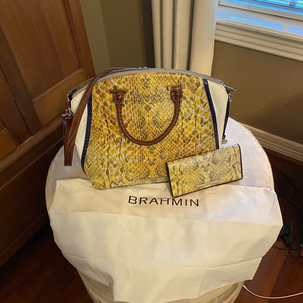 Brahmin Vibrant Yellow Snake Embossed Tote with navy trim and matching wallet
